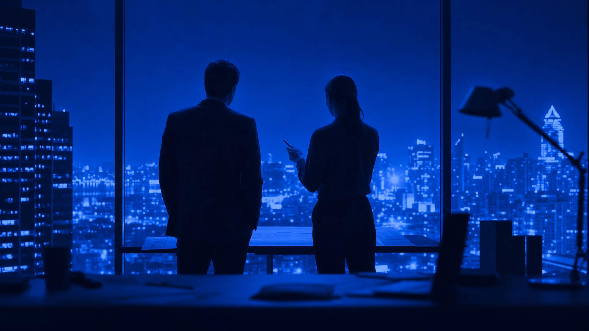 夜のオフィスで働く2人のシルエット